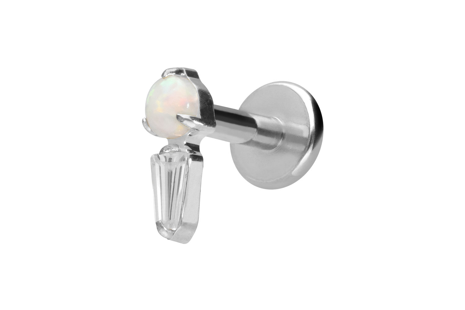 Titan Labret Piercing mit Innengewinde SYNTHETISCHER OPAL + KRISTALLRECHTECK